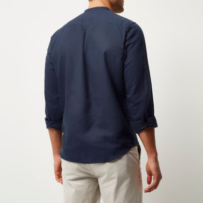 Navy linen-rich grandad collar shirt